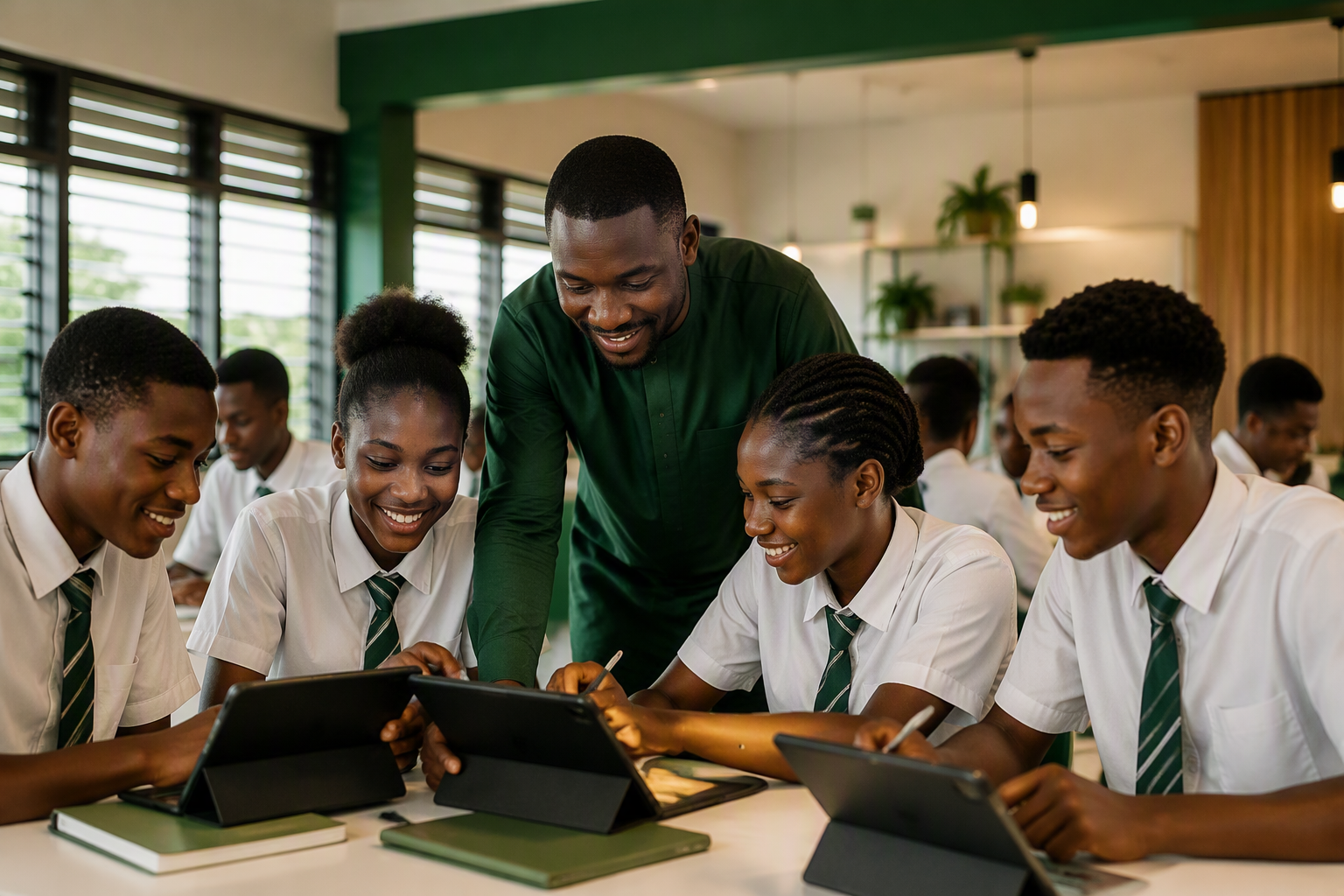 School leaders reviewing information on a laptop